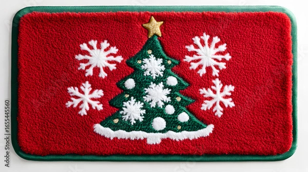 Obraz Red Christmas stocking ornament with snowflake and tree design hanging on a decorated tree