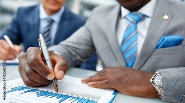 Fototapeta Two businessmen in suits reviewing financial charts and graphs at a table