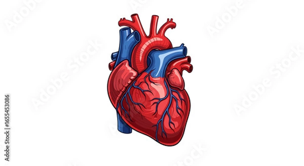 Fototapeta Illustration of a human heart with red and blue vessels on a white background for medical presentations and art projects on transparent background