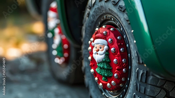 Fototapeta Close-up of a red vehicle's wheel with festive holiday-themed hubcap in snowy outdoor setting