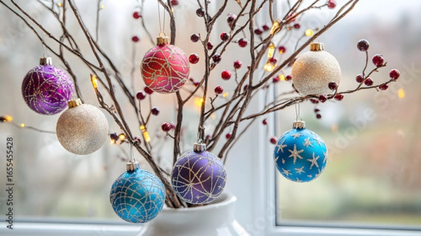 Fototapeta Green suitcase decorated with Christmas-themed stickers featuring Santa, snowflakes, and holiday symbols