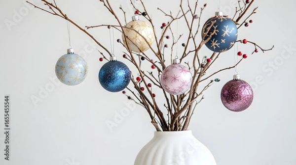 Obraz Green suitcase decorated with Christmas-themed stickers featuring Santa, snowflakes, and holiday symbols