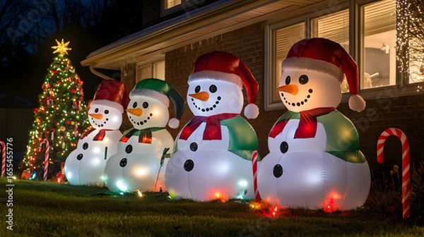 Obraz Illuminated snowmen and Christmas tree display at night