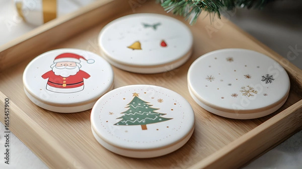 Obraz Four Christmas-themed ceramic coasters featuring Santa, a bell, a tree, and a snowman on a wooden tray