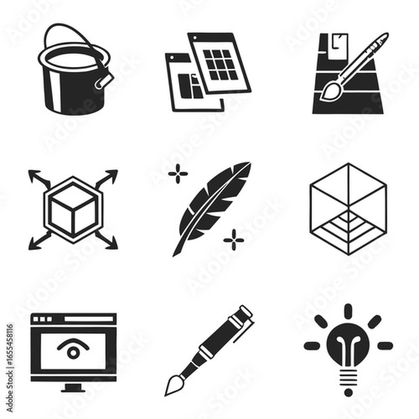 Fototapeta Collection of creative design and art icons including a paint bucket wireframe cube feather computer screen pen and light bulb