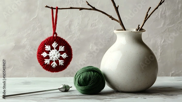 Fototapeta Red crocheted snowflake ornament hanging beside a white vase with twigs and a green yarn ball on a neutral surface