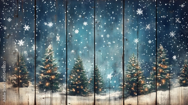 Fototapeta Snowy winter scene with evergreen trees against a wooden fence background