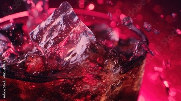 Fototapeta Ice cubes splashing into dark red soda