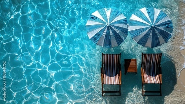 Obraz Relaxing Summer Scene: Poolside Paradise with Blue Umbrellas and Lounge Chairs