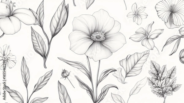 Fototapeta Hand-Drawn Botanical Illustration of Flowers and Plants with Fine Linework and Shading in Black and White