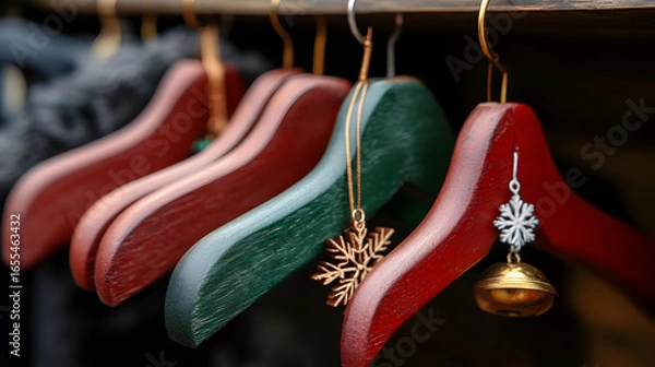 Fototapeta Colorful wooden clothing hangers adorned with snowflake and bell ornaments, arranged in a row.