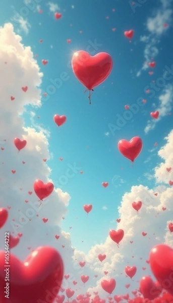 Fototapeta Heart-shaped balloons floating in a dreamy sky