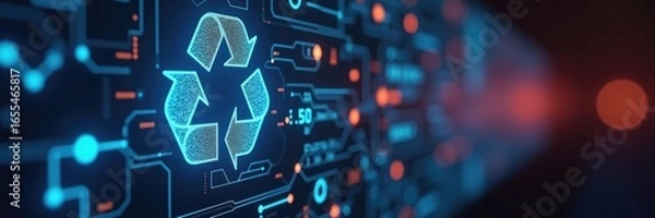 Obraz Futuristic recycling symbol displayed on a digital circuit board.