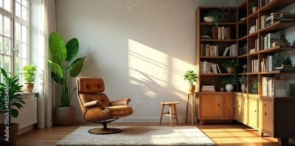 Fototapeta A cozy, well-lit home office with bookshelves, plants, and natural light streaming through a window Perfect for a calming, professional virtual background , office, modern, workspace