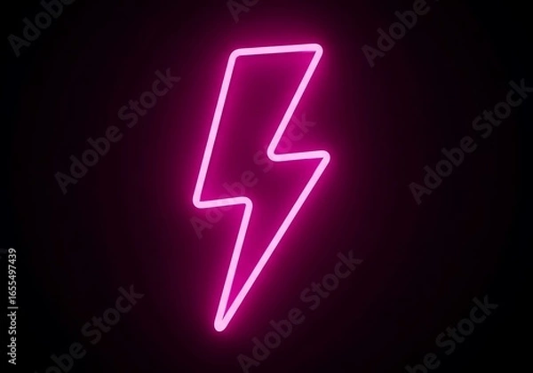 Fototapeta Neon sign of a lightning bolt glowing bright pink against a black background, representing energy, power, and speed; perfect for branding and design