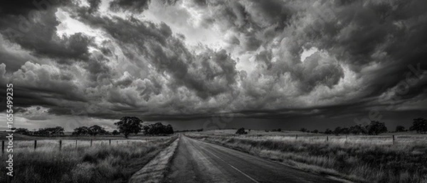 Fototapeta A grayscale landscape view of a country road stretching into a dramatic stormy sky