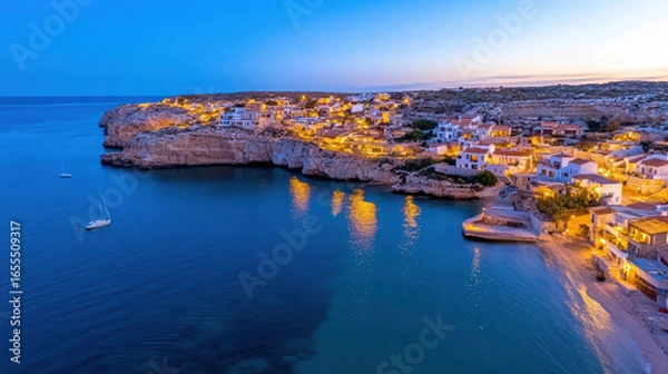 Fototapeta Coastal village glowing at dusk, reflecting lights on calm water, serene atmosphere