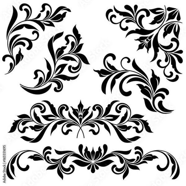 Fototapeta A set of floral vintage elements. Angular ornaments, page decoration and text dividers