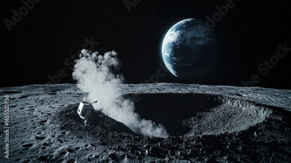 Fototapeta dust plume rising as autonomous lunar lander touches regolith near crater rim Earth rising over horizon high resolution photoreal rendering illustration concept scene visual for commercial design use