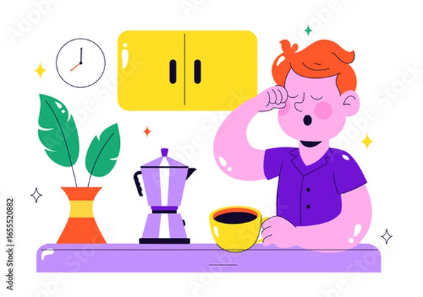 Fototapeta Morning Rituals Vector Illustration featuring People Doing Their Morning Routines and Practicing Healthy Lifestyle Habits in a Style Background