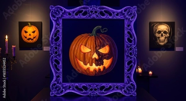 Fototapeta A Halloween painting of a jack-o’-lantern reveals a sinister skull inside, framed with a glowing neon purple skull-carved frame, displayed in a dark gallery with blacklight and flickering candles