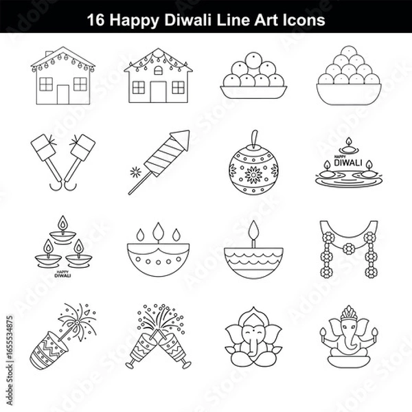 Fototapeta Diwali Festival Line Icons Diyas Lanterns Rangoli and Fireworks Vector Pack