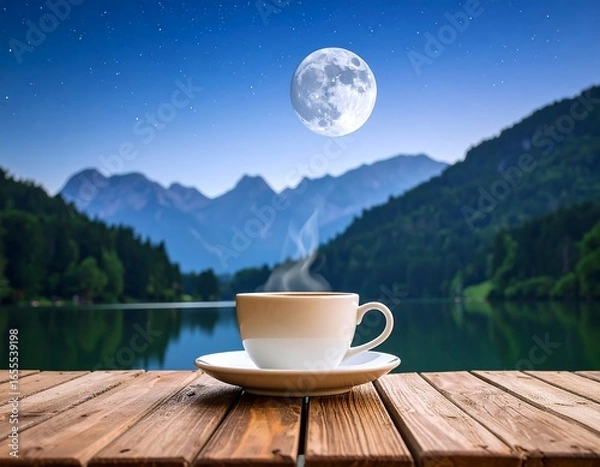 Obraz Cup of coffee on a wooden table by a lake at night