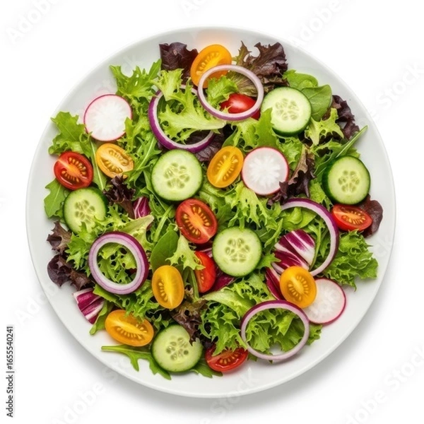 Fototapeta Fresh garden salad with mixed greens and vegetables isolated on white background