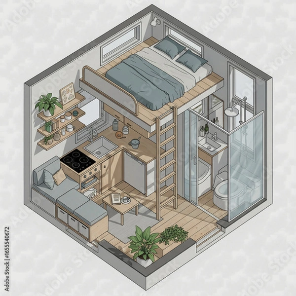 Fototapeta Tiny House Floor Plan with Loft Bed