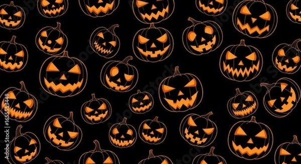 Fototapeta Halloween Pumpkins Seamless Pattern with Spooky Faces on Dark Background, Festive Autumn Design for Wrapping Paper, Textile Print