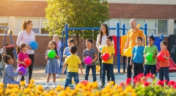 Obraz Elementary School Students Playing with Colorful Balls on the Playground with Teachers Supervising and Flowers in the Foreground, Promoting Education and Childhood Development
