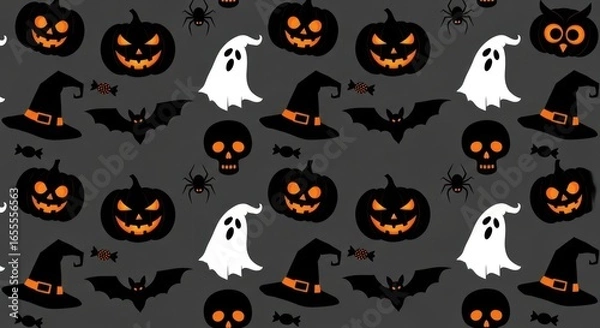Fototapeta Halloween Seamless Pattern with Pumpkins, Ghosts, Bats