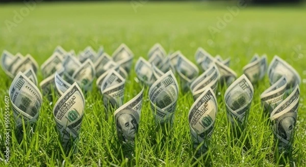 Fototapeta Money Growing in Green Grass, Financial Growth and Investment Concept, Hundred Dollar Bills Sprouting Upward in a Field