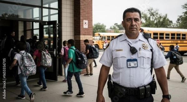 Obraz School Security Officer Standing Guard at Entrance with Students Arriving and a Yellow Bus in the Background, Ensuring Safety and Order