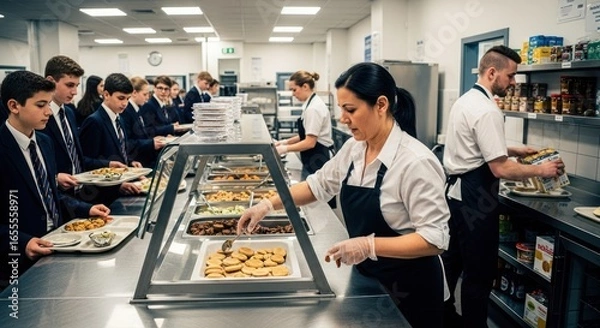 Obraz School Cafeteria Lunch Service with Students Lining Up and Staff Serving Food, Featuring a Variety of Dishes and a Focus on Nutrition and Healthy Eating