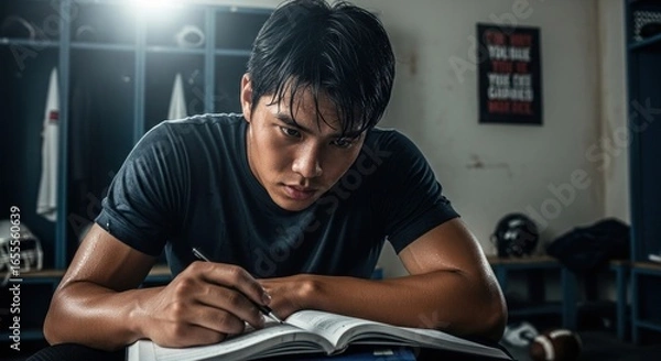 Obraz Determined athlete studying in locker room with football helmets and equipment, focused on academics and sports, balancing education and athletic training for future success