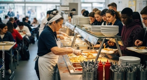 Obraz Cafeteria Service with Students in Line at a School Canteen, Server Wearing Apron and Gloves Serving Food, Diverse Group of Young People Eating Lunch Together in a Bright Dining Hall