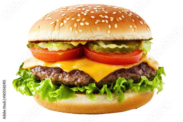Fototapeta Cheeseburger with melted cheddar and lettuce
