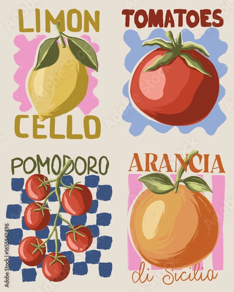 Fototapeta Vector Set Italian Mediterranean Citrus and Tomato Illustration. Hand Drawn Lemon, Orange, Tomato Elements in Rustic Poster Style for Food, Summer, and Decorative Design