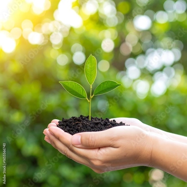 Fototapeta Two hands gently cradle a small seedling in dark soil against a bright, blurred green background