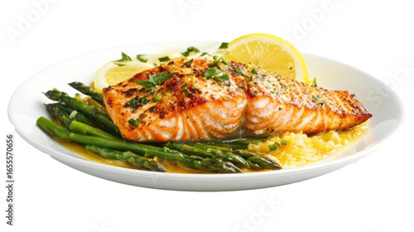 Obraz Salmon fillet with asparagus vegetable side

