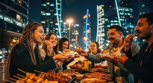 Obraz A group of friends enjoying a night out at a rooftop bar, sharing a meal of grilled skewers and street food.