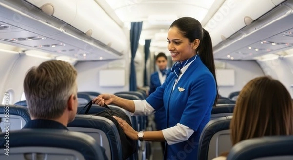 Obraz A flight attendant assisting a passenger with their luggage on an airplane.