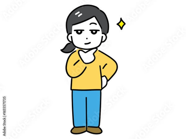 Obraz にやりと得意げに笑う若い私服の女性(全身・正面)	