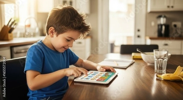 Obraz A young boy using a digital tablet in a kitchen.