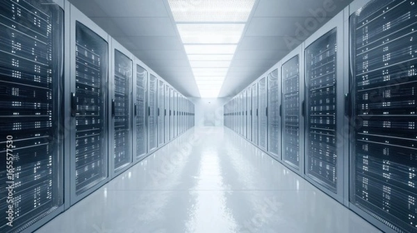 Obraz A long, narrow hallway with rows of server racks in a data center. The environment is dimly lit with a blue tint, giving it a cool, industrial feel.