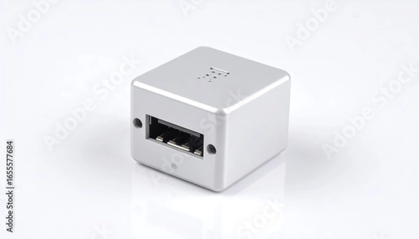 Fototapeta Small, light gray metallic cube with a single port