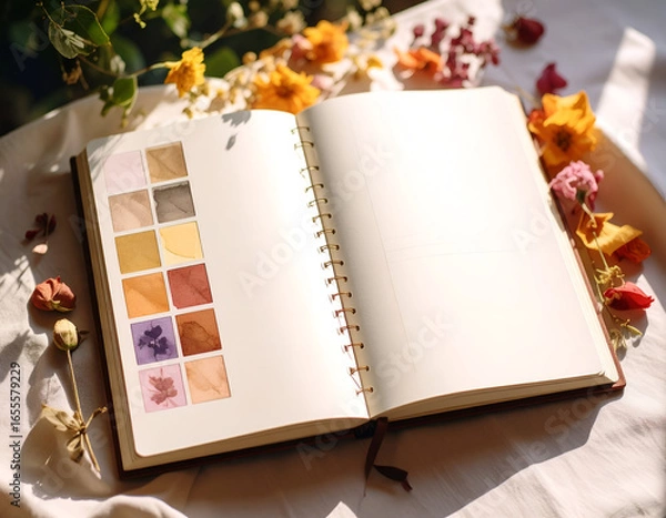 Fototapeta An open sketchbook, bathed in soft sunlight, displays a harmonious collection of natural watercolors and delicate dried petals, evoking a sense of creative tranquility.