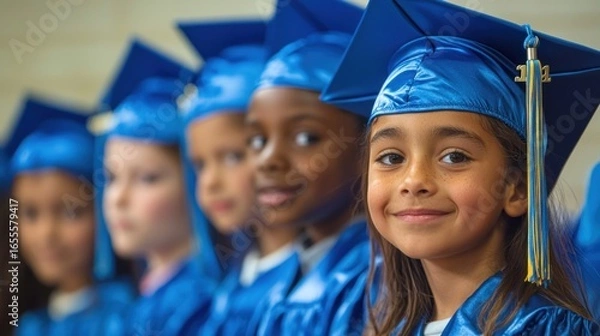 Obraz A diverse group of children in blue graduation caps and gowns, standing in a row, facing forward, with a blurred background of other children.