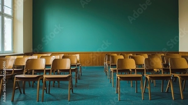 Obraz A classroom with rows of empty chairs and a green chalkboard wall.